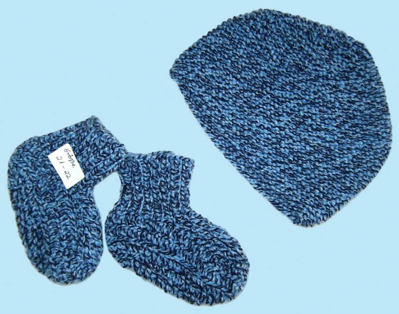 Baby Söckchen + Mütze Kopfumfang Ca 45 - 46 cm Socken Schuhe Blau Melange Handmade Baby Socks Cap For 9 12 Month Blue Knitted von Puttelmuttel