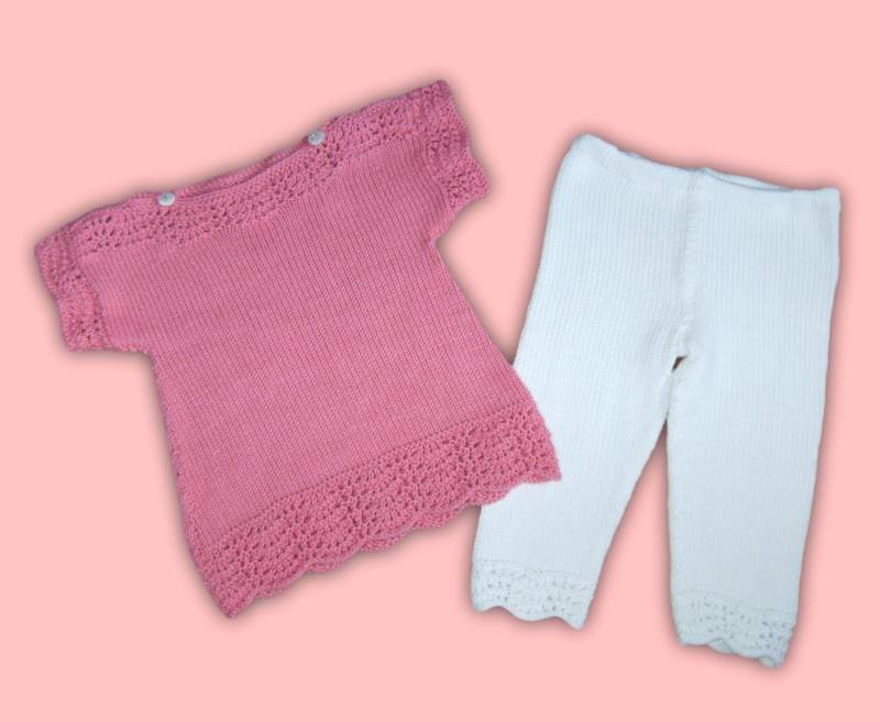 Baby Sommer Tunika + Hose Gr 62 - 68 Aus Baumwolle Aprikot Weiß Handmade Gestrickt von Puttelmuttel