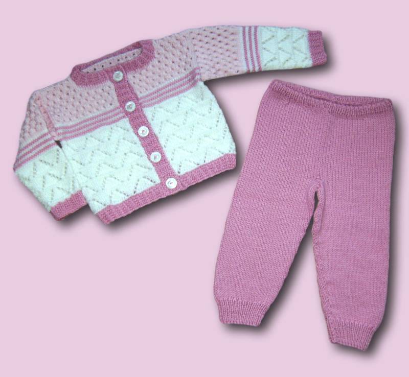 Baby Strickjacke + Strickhose Gr 68 74 Rosa Weiß Handmade Baby Girl Cardigan Throuthers Pink White Knittet von Puttelmuttel
