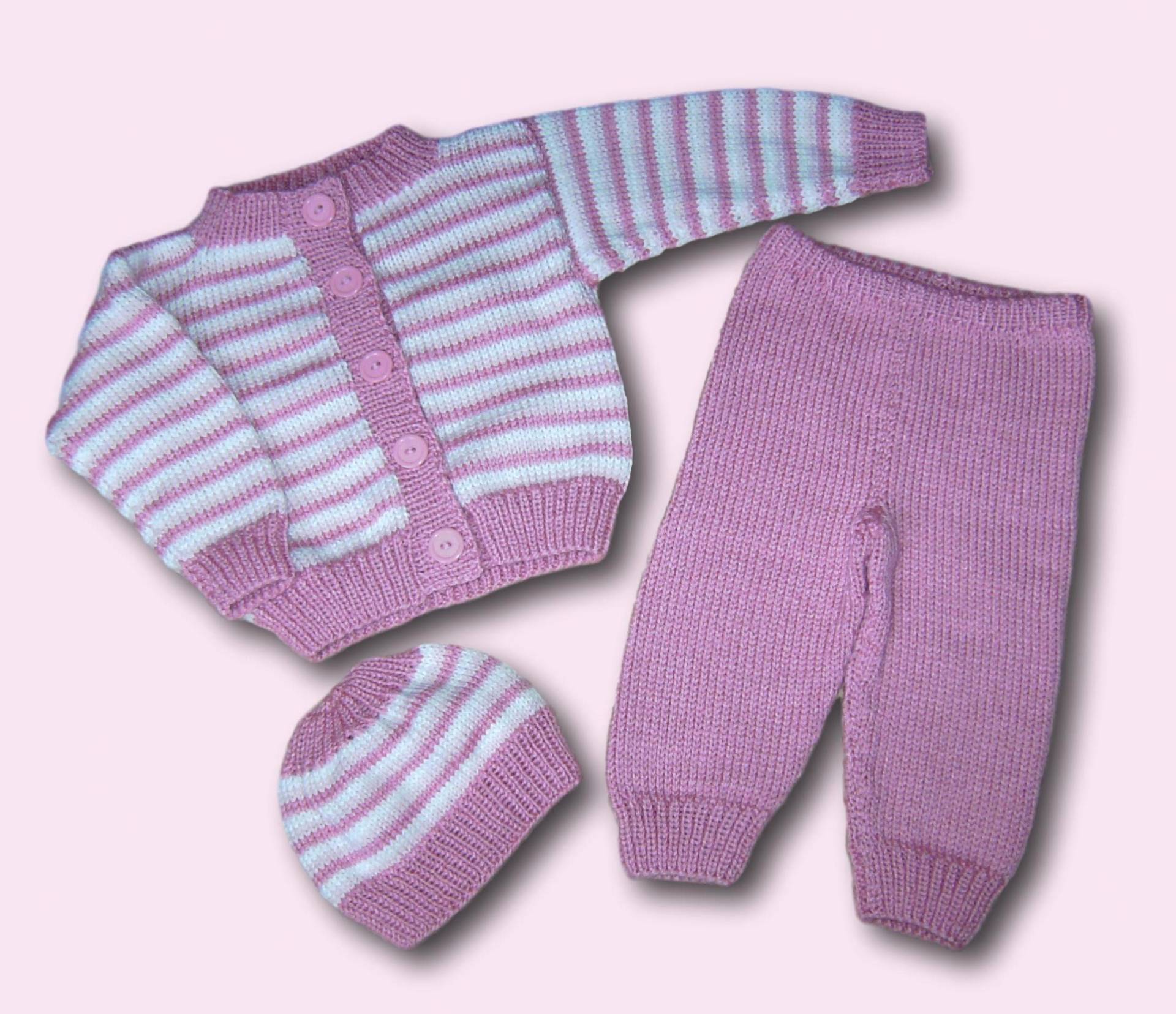 Baby Strickjacke + Strickhose Mütze Gr 62 68 Rosa Weiß Handmade Baby Girl Cardigan Throuthers Cap For 3 - 6 Months Pink White Knittet von Puttelmuttel