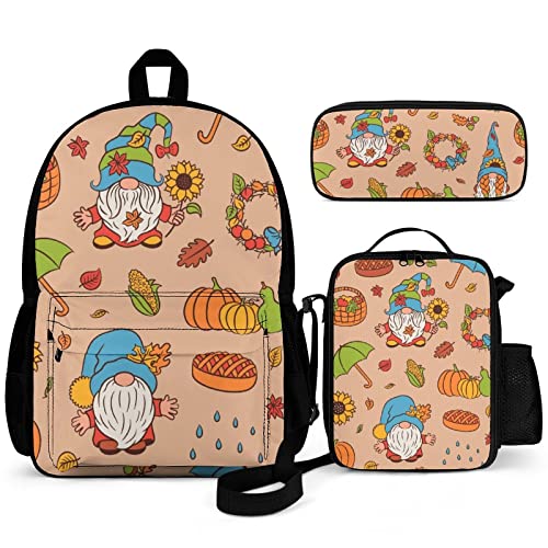 Gnomes Pumpkins Rucksack-Set für Kinder, Schulanfang, Büchertasche mit Lunchbox und Federmäppchen, langlebig, leicht, für Reisen, Teenager, Studenten, Jungen, Mädchen, 3-teilig, mehrfarbig, 16inch von Puukjga