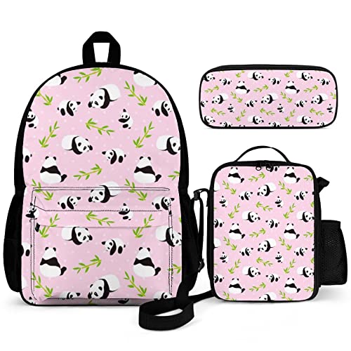 Hawaiianische Hibiskusblumen, Plumeria Kinder-Rucksack-Set, 3-teilig, Schulanfang, 40,6 cm, Büchertasche mit Lunchtasche, Federmäppchen für Jungen und Mädchen, 1–6. Klasse, Pandabär, Einheitsgröße, von Puukjga