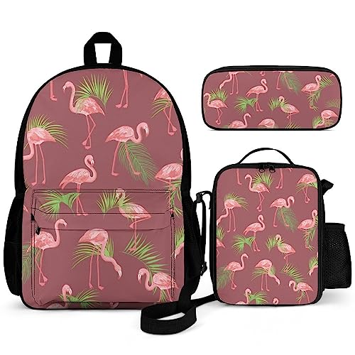 Puukjga 3-teiliges Rucksack-Set mit Flamingo mit Palmenblättern, Schulanfang, Büchertasche mit Lunchbox und Federmäppchen, langlebig, leicht, für Reisen, Teenager, Studenten, Jungen, Mädchen, von Puukjga