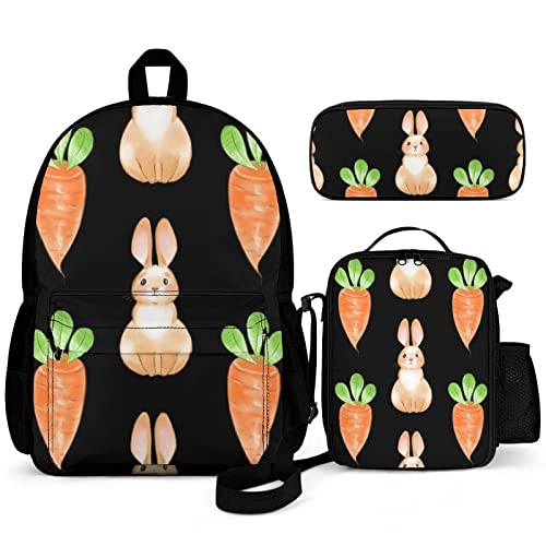 Puukjga 3-teiliges Rucksack-Set mit Hasen und Karotte, für Kinder, Schulanfang, Büchertasche mit Lunchbox und Federmäppchen, langlebig, leicht, für Reisen, Teenager, Studenten, Jungen, Mädchen, von Puukjga