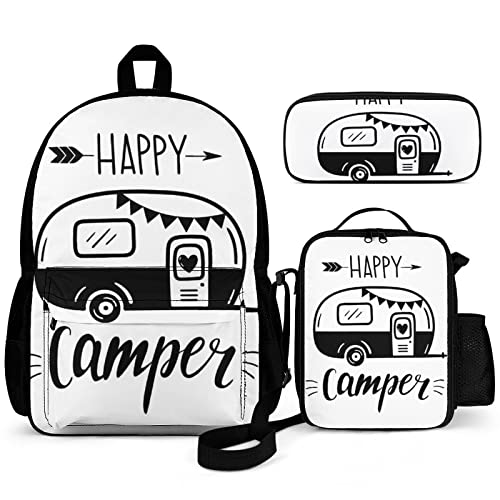 Puukjga Happy Camper 3-teiliges Rucksack-Set für Kinder, Schulanfang, Büchertasche mit Lunchbox und Federmäppchen, langlebig, leicht, für Reisen, Teenager, Studenten, Jungen, Mädchen, mehrfarbig, von Puukjga