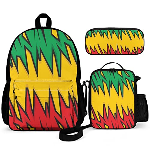 Puukjga Jamaikanisches Farbthema, 3-teiliges Rucksack-Set für Kinder, Schulanfang, Büchertasche mit Lunchbox und Federmäppchen, langlebig, leicht, Reisen, für Teenager, Studenten, Jungen, Mädchen, von Puukjga