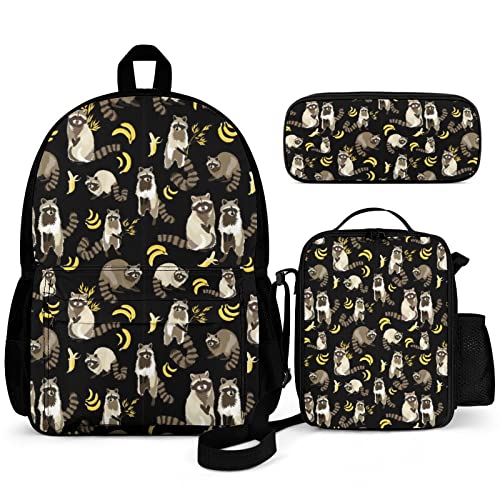 Puukjga Raccoon Banana 3-teiliges Rucksack-Set für Kinder, Schulanfang, Büchertasche mit Lunchbox und Federmäppchen, langlebig, leicht, für Reisen, Teenager, Studenten, Jungen, Mädchen, mehrfarbig, von Puukjga