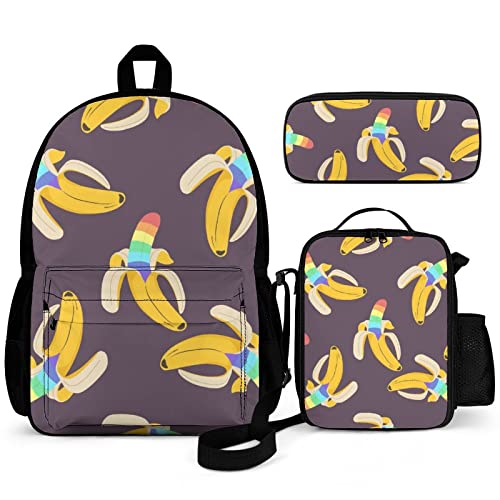 Puukjga Rainbow Banana Rucksack-Set für Kinder, Schulanfang, Büchertasche mit Lunchbox und Federmäppchen, langlebig, leicht, für Reisen, Teenager, Studenten, Jungen, Mädchen, 3-teilig, mehrfarbig, von Puukjga