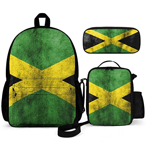 Puukjga Rucksack-Set mit Jamaika-Flagge, 3-teilig, für Kinder, Schulanfang, Büchertasche mit Lunchbox und Federmäppchen, langlebig, leicht, für Reisen, Teenager, Studenten, Jungen, Mädchen, von Puukjga