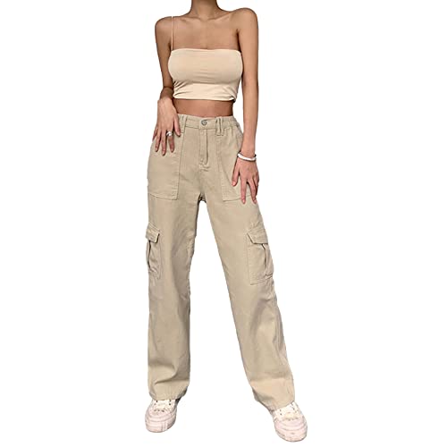 Puupaa Y2K-Cargohose mit geradem Bein, mit Taschen, elastisch, hohe Taille, für Teenager und Mädchen, khaki, L von Puupaa