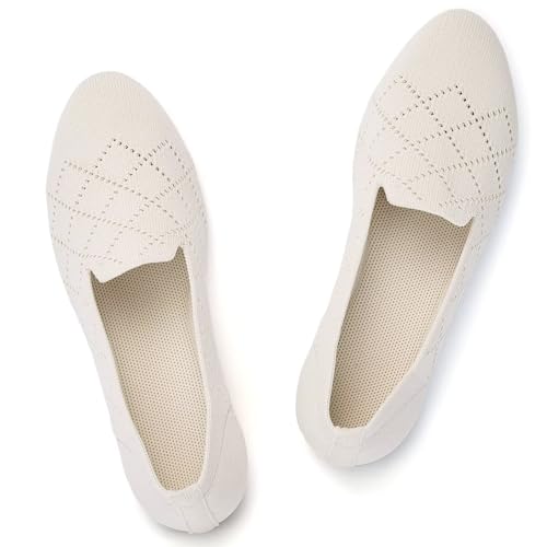 Puxowe Damen Ballerina Flache Schuhe Runde Zehe Strick Kleid Schuhe Niedriger Keil Slip On Ballerina Walking Flats für Frauen Bequem 35.5 EU Beige von Puxowe