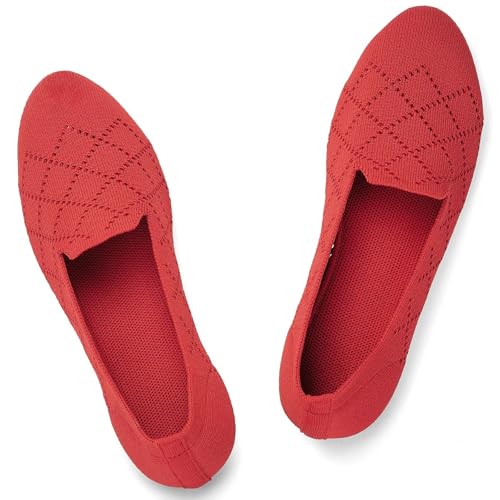 Puxowe Damen Ballerina Flache Schuhe Runde Zehe Strick Kleid Schuhe Niedriger Keil Slip On Ballerina Walking Flats für Frauen Bequem 35.5 EU Red von Puxowe
