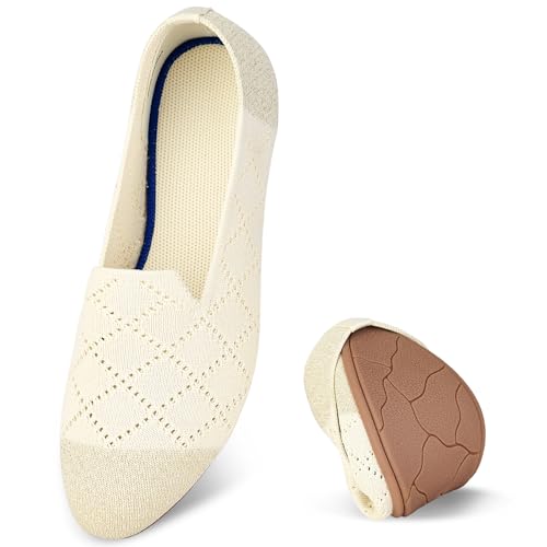 Puxowe Damen Ballerina Flache Schuhe Runde Zehe Strick Kleid Schuhe Niedriger Keil Slip On Ballerina Walking Flats für Frauen Bequem 37 EU Beige/Funkelnd von Puxowe
