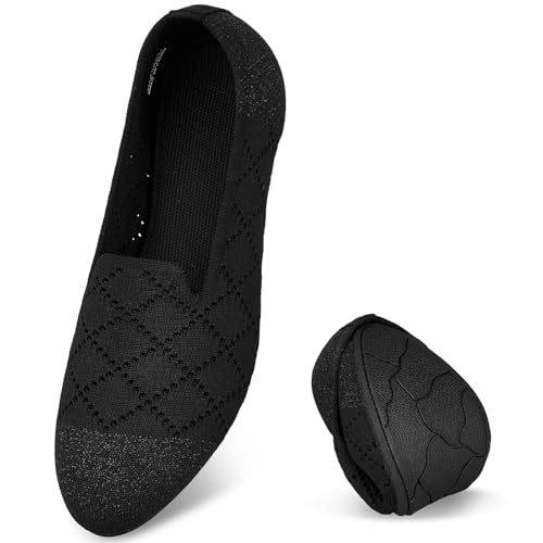 Puxowe Damen Ballerina Flache Schuhe Runde Zehe Strick Kleid Schuhe Niedriger Keil Slip On Ballerina Walking Flats für Frauen Bequem 37.5 EU Black/Funkelnd von Puxowe
