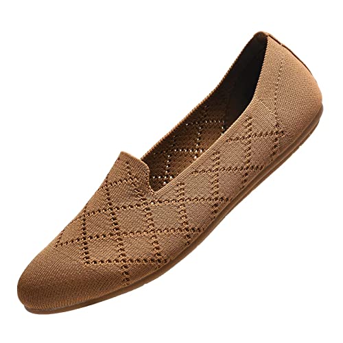 Puxowe Damen Ballerina Flache Schuhe Runde Zehe Strick Kleid Schuhe Niedriger Keil Slip On Ballerina Walking Flats Schuhe für Frauen Bequem Weich 37.5 EU Light Brown von Puxowe