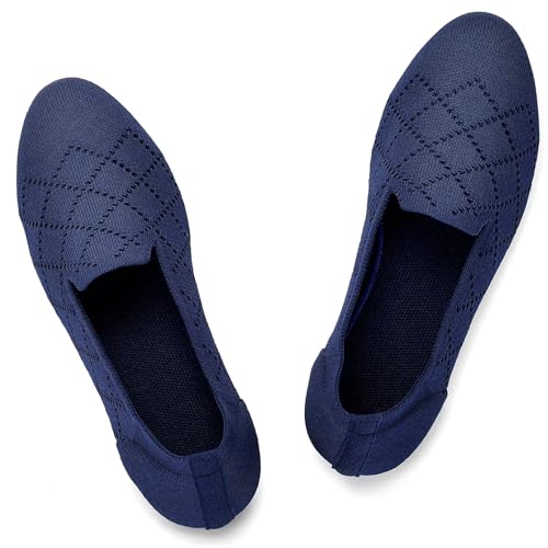 Puxowe Damen Ballerina Flache Schuhe Runde Zehe Strick Kleid Schuhe Niedriger Keil Slip On Ballerina Walking Flats für Frauen Bequem 39 EU Deep Blue von Puxowe