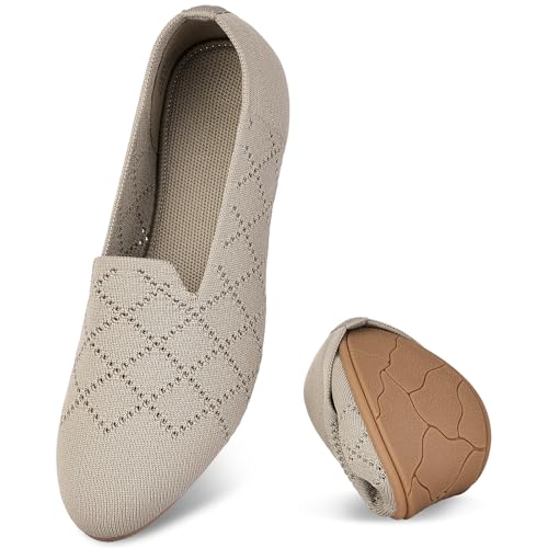 Puxowe Damen Ballerina Flache Schuhe Runde Zehe Strick Kleid Schuhe Niedriger Keil Slip On Ballerina Walking Flats für Frauen Bequem 39.5 EU Khaki von Puxowe