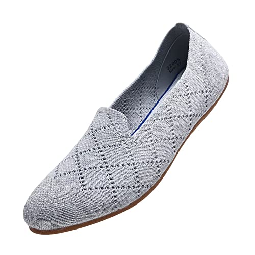 Puxowe Damen Ballerina Flache Schuhe Runde Zehe Strick Kleid Schuhe Niedriger Keil Slip On Ballerina Walking Flats Schuhe für Frauen Bequem Weich 39.5 EU Light Gray/Funkelnd von Puxowe