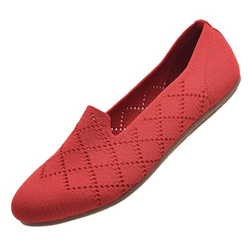 Puxowe Damen Ballerina Flache Schuhe Runde Zehe Strick Kleid Schuhe Niedriger Keil Slip On Ballerina Walking Flats Schuhe für Frauen Bequem Weich 39.5 EU Red von Puxowe