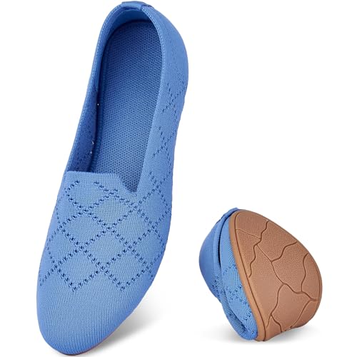Puxowe Damen Ballerina Flache Schuhe Runde Zehe Strick Kleid Schuhe Niedriger Keil Slip On Ballerina Walking Flats für Frauen Bequem 39.5 EU Sky Blue von Puxowe