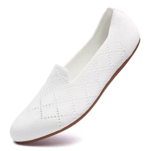 Puxowe Damen Ballerina Flache Schuhe Runde Zehe Strick Kleid Schuhe Niedriger Keil Slip On Ballerina Walking Flats Schuhe für Frauen Bequem Weich 39.5 EU White von Puxowe