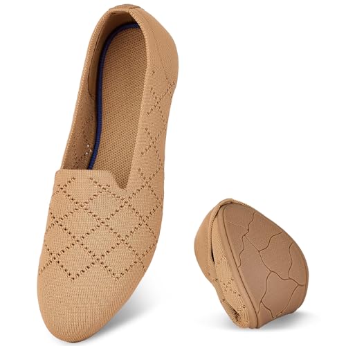 Puxowe Damen Ballerina Flache Schuhe Runde Zehe Strick Kleid Schuhe Niedriger Keil Slip On Ballerina Walking Flats für Frauen Bequem 41.5 EU Light Brown von Puxowe