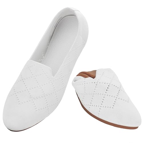 Puxowe Damen Ballerina Flache Schuhe Runde Zehe Strick Kleid Schuhe Niedriger Keil Slip On Ballerina Walking Flats für Frauen Bequem 43 EU White von Puxowe