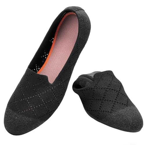Puxowe Damen Ballerina Flache Schuhe Runde Zehe Strick Kleid Schuhe Niedriger Keil Slip On Ballerina Walking Flats für Frauen Bequem 37 EU Black/Orange von Puxowe