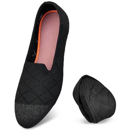 Puxowe Damen Ballerina Flache Schuhe Runde Zehe Strick Kleid Schuhe Niedriger Keil Slip On Ballerina Walking Flats für Frauen Bequem 39.5 EU Black/Orange von Puxowe