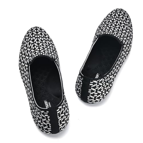Puxowe Damen Ballerina Flache Schuhe Runde Zehe Strick Kleid Schuhe Niedriger Keil Slip On Ballerina Walking Flats für Frauen Bequem 40 EU Black von Puxowe