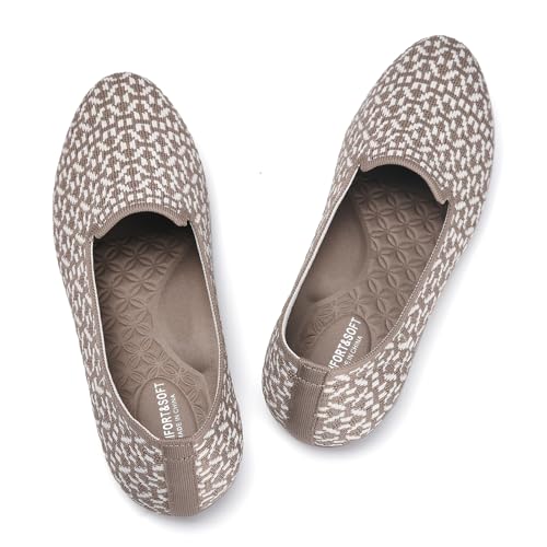 Puxowe Damen Ballerina Flache Schuhe Runde Zehe Strick Kleid Schuhe Niedriger Keil Slip On Ballerina Walking Flats für Frauen Bequem 40 EU Camel von Puxowe