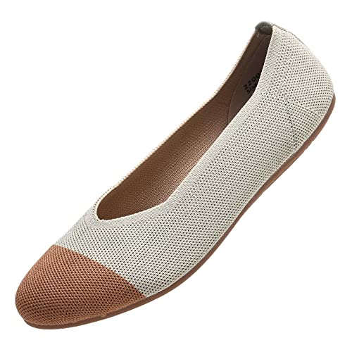 Puxowe Damen Ballerina Runde Zehe Stricken Flache Schuhe Komfort Niedriger Keil Slip On Walking Kleid Schuhe für Frauen Weich 41 EU Apricot von Puxowe