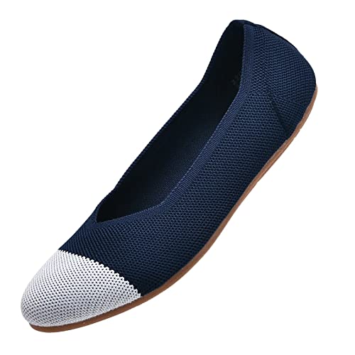 Puxowe Damen Ballerina Runde Zehe Stricken Flache Schuhe Komfort Niedriger Keil Slip On Walking Kleid Schuhe für Frauen Weich 41.5 EU Deep Blue von Puxowe