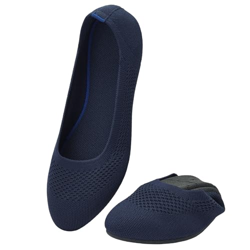 Puxowe Damen Ballerina Runde Zehe Stricken Flache Schuhe Komfort Weich Slip On Ballerina Walking Flats Schuhe für Frauen Niedriger Keil Lässig 35.5 EU Deep Blue von Puxowe