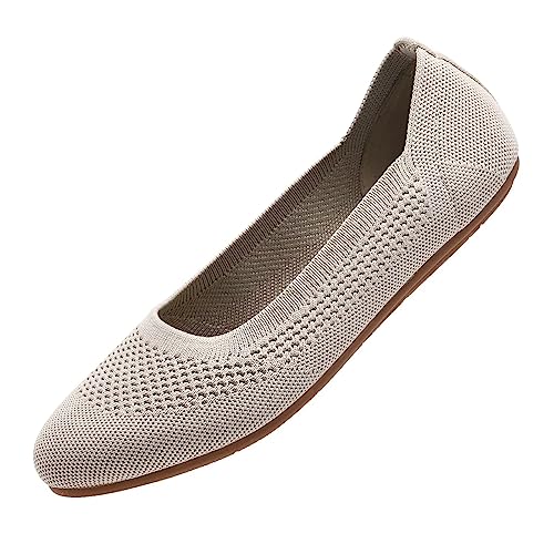 Puxowe Damen Ballerina Runde Zehe Stricken Flache Schuhe Komfort Weich Slip On Ballerina Walking Flats Schuhe für Frauen Niedriger Keil Lässig 35.5 EU Nude von Puxowe