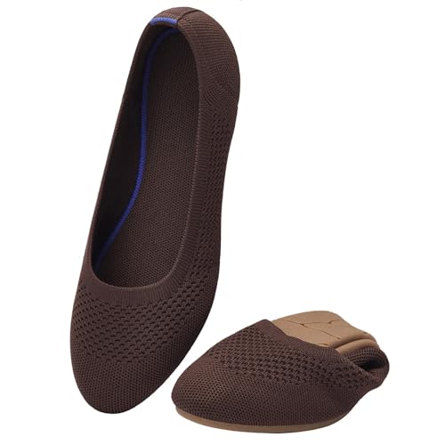 Puxowe Damen Ballerina Runde Zehe Stricken Flache Schuhe Komfort Weich Slip On Ballerina Walking Flats Schuhe für Frauen Niedriger Keil Lässig 37 EU Deep Brown von Puxowe