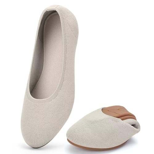 Puxowe Damen Ballerina Runde Zehe Stricken Flache Schuhe Komfort Weich Slip On Ballerina Walking Flats Schuhe für Frauen Niedriger Keil Lässig 37.5 EU Nackt von Puxowe