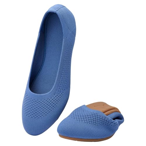 Puxowe Damen Ballerina Runde Zehe Stricken Flache Schuhe Komfort Weich Slip On Ballerina Walking Flats Schuhe für Frauen Niedriger Keil Lässig 37.5 EU Sky Blue von Puxowe