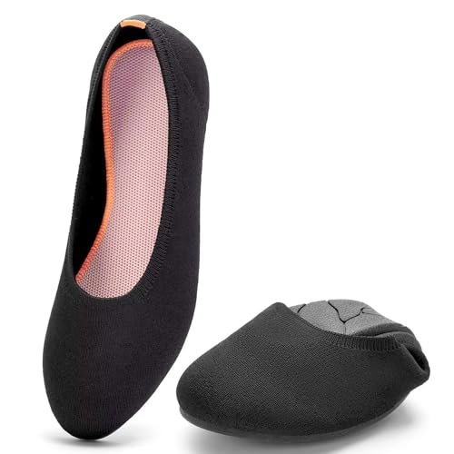 Puxowe Damen Ballerina Runde Zehe Stricken Flache Schuhe Komfort Weich Slip On Ballerina Walking Flats Schuhe für Frauen Niedriger Keil Lässig 39 EU Black/Orange von Puxowe