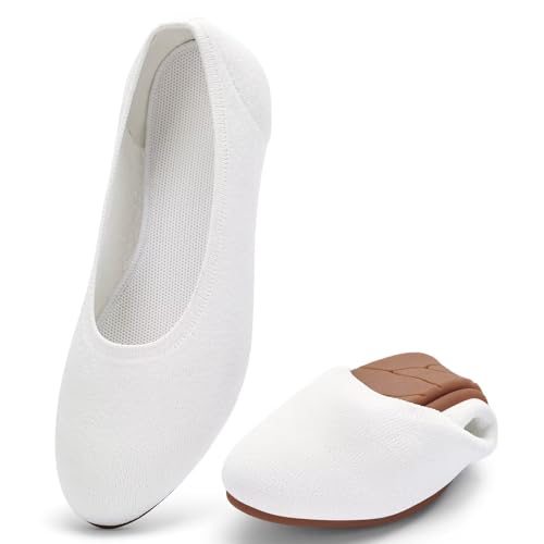 Puxowe Damen Ballerina Runde Zehe Stricken Flache Schuhe Komfort Weich Slip On Ballerina Walking Flats Schuhe für Frauen Niedriger Keil Lässig 39 EU White von Puxowe