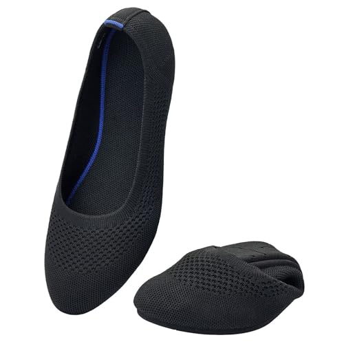 Puxowe Damen Ballerina Runde Zehe Stricken Flache Schuhe Komfort Weich Slip On Ballerina Walking Flats Schuhe für Frauen Niedriger Keil Lässig 39.5 EU Black von Puxowe