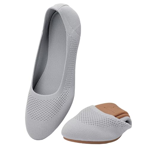 Puxowe Damen Ballerina Runde Zehe Stricken Flache Schuhe Komfort Weich Slip On Ballerina Walking Flats Schuhe für Frauen Niedriger Keil Lässig 41.5 EU Light Gray von Puxowe