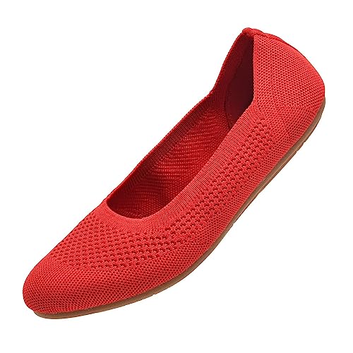 Puxowe Damen Ballerina Runde Zehe Stricken Flache Schuhe Komfort Weich Slip On Ballerina Walking Flats Schuhe für Frauen Niedriger Keil Lässig 41.5 EU Red von Puxowe