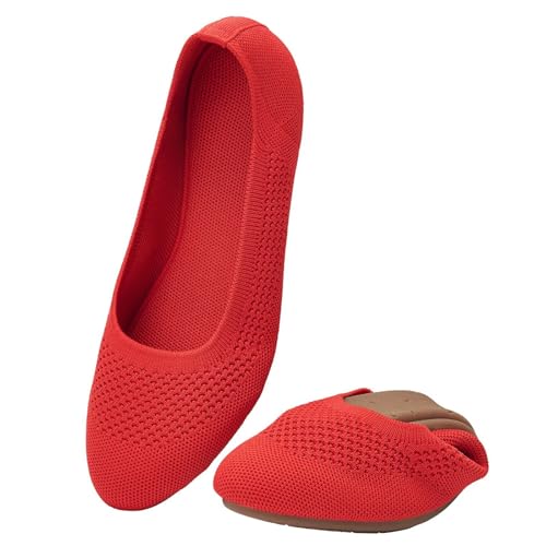 Puxowe Damen Ballerina Runde Zehe Stricken Flache Schuhe Komfort Weich Slip On Ballerina Walking Flats Schuhe für Frauen Niedriger Keil Lässig 41.5 EU Red von Puxowe