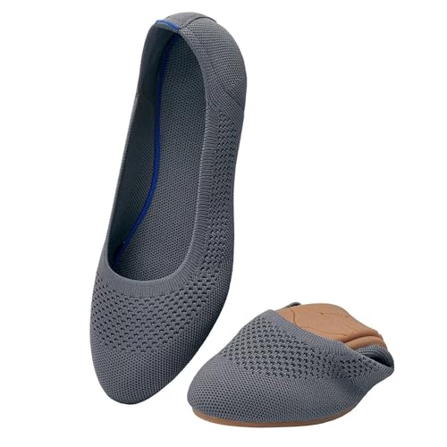 Puxowe Damen Ballerina Runde Zehe Stricken Flache Schuhe Komfort Weich Slip On Ballerina Walking Flats Schuhe für Frauen Niedriger Keil Lässig 42 EU Deep Gray von Puxowe