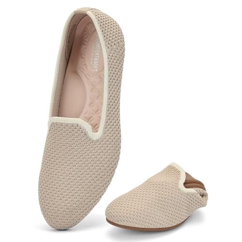 Puxowe Damen Ballerina Slip On Strick Kleid Flache Schuhe Pumps Bequem Ballerinas für Damen Runde Zehe 37.5 EU Camel von Puxowe