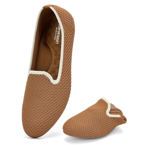 Puxowe Damen Ballerina Slip On Strick Kleid Flache Schuhe Pumps Bequem Ballerinas für Damen Runde Zehe 38 EU Red Brown von Puxowe