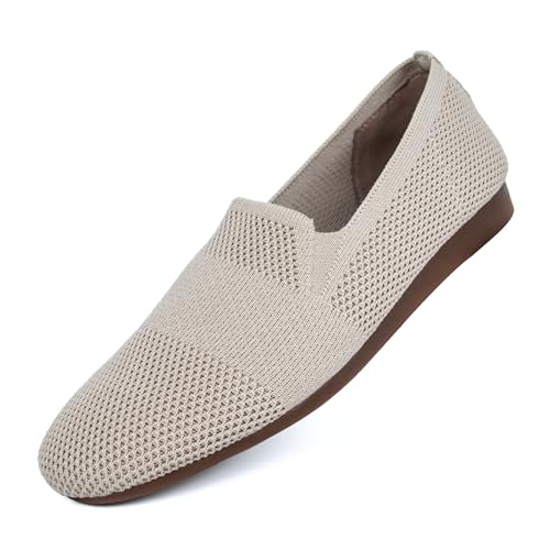 Puxowe Damen Ballerina Slip On Strick Kleid Flache Schuhe Pumps Bequem Ballerinas für Damen Runde Zehe 39.5 EU Camel von Puxowe