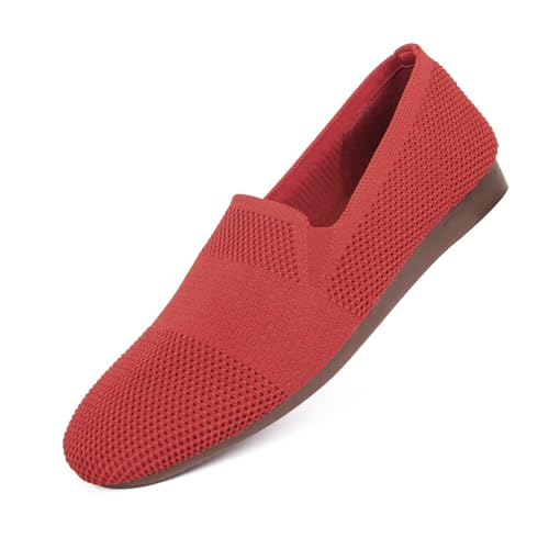 Puxowe Damen Ballerina Slip On Strick Kleid Flache Schuhe Pumps Bequem Ballerinas für Damen Runde Zehe 42 EU Red von Puxowe