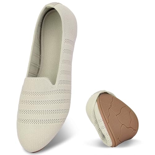 Puxowe Damen Ballerina Slip On Stricken Kleid Flache Schuhe Runde Zehe Ballerina Walking Pumps Schuhe für Frauen Bequem Elegant 39.5 EU Nude von Puxowe
